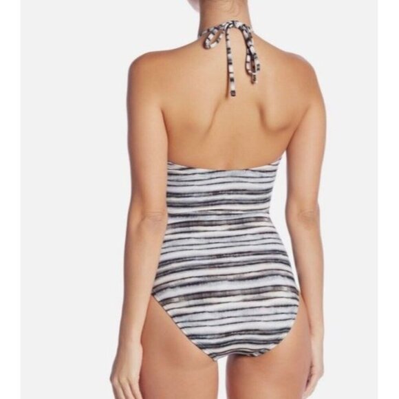 La Blanca Sz 6 Swimsuit Bamboo Striped HighNeck Cutout Halter One piece Vacation - Picture 2 of 5